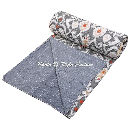 Stylo Culture Cotton Indian Quilt Double Bedspread (274x228cm, Grey)