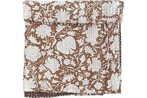 SAMBHAV QUILT HUB Hippie Floral Handblock Handmade Cotton Block Kantha Quilting Vintage Throw Blanket Hippie Queen/King Size Bohemian Bed Decor Quilt (Dark Brown, 90X108 Inch)