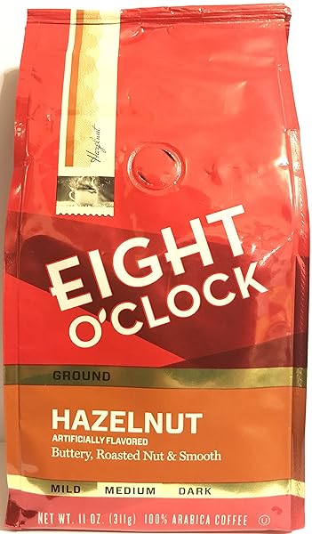 EIGHT O’ CLOCK GROUND COFFEE – HAZELNUT – MEDIUM ROAST – NET WT. 11 OZ (311 G) PER PACKAGE – PACK OF 2 PACKAGES