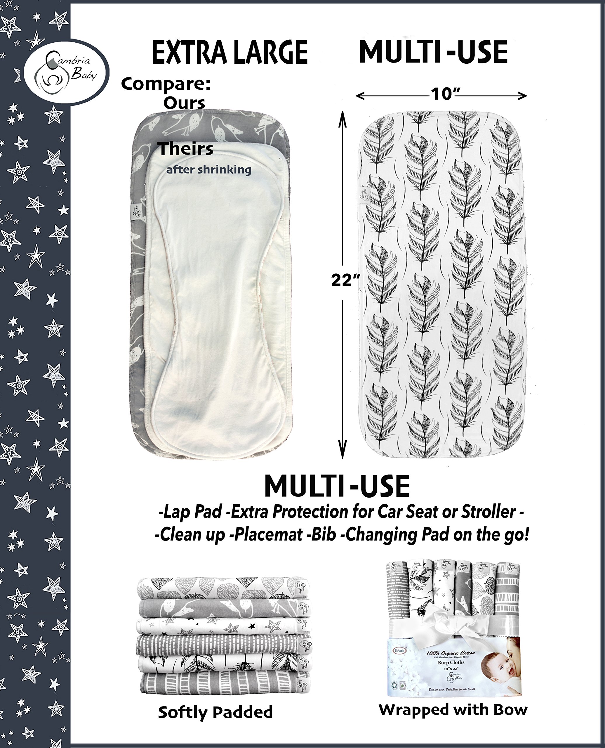 6 Pack Extra Large Organic Cotton Burp Cloths, Unisex, Reversible, with 3 Layer Inner Fleece Absorbency, 10\