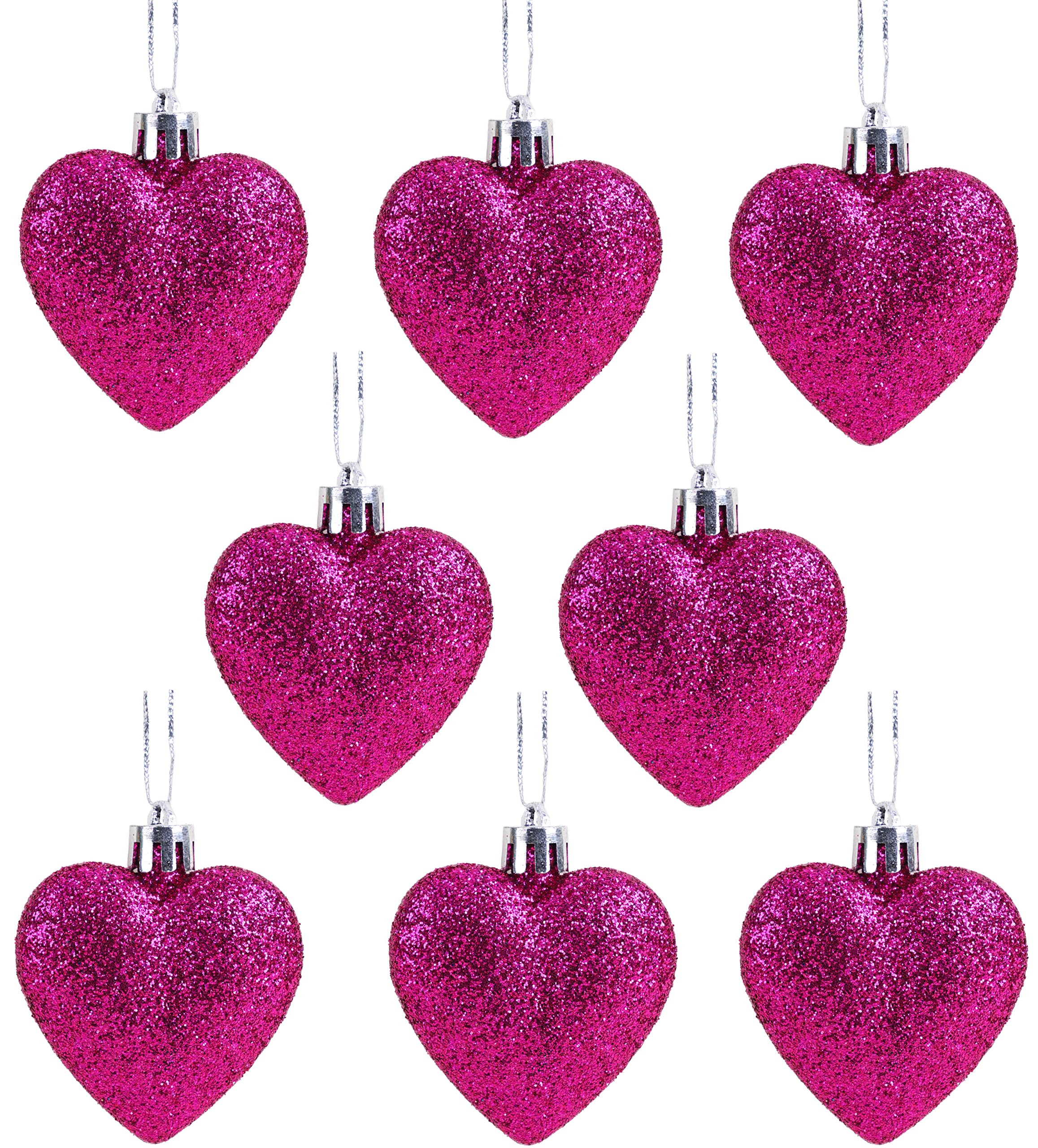Christmas Concepts® Pack of 8-60mm (2.4") Heart Shaped Christmas Tree Baubles – Glitter Decorated Baubles (Hot Pink)