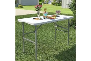 IWDOO Foldable Table 4ft, Plastic Folding Table, Portable Heavy Duty Dining Tables with Lock Function & Carrying Handle, Outdoor Indoor Foldable White Tables for Camping Party Picnic, White