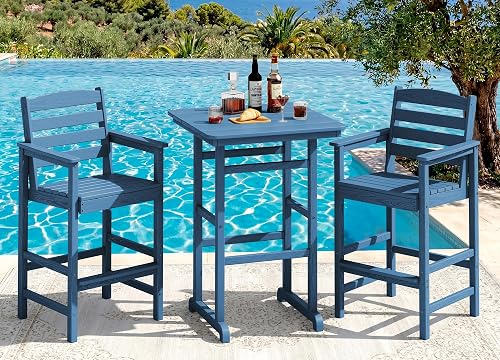 SERWALL 3 Pcs HDPE Bar Height Adirondack Chairs and Bar Table Set, Blue | Balcony Adirondack Chairs and Pub Table Set, All Weather Patio Bar Set, Outdoor Bar Stools Furniture Set