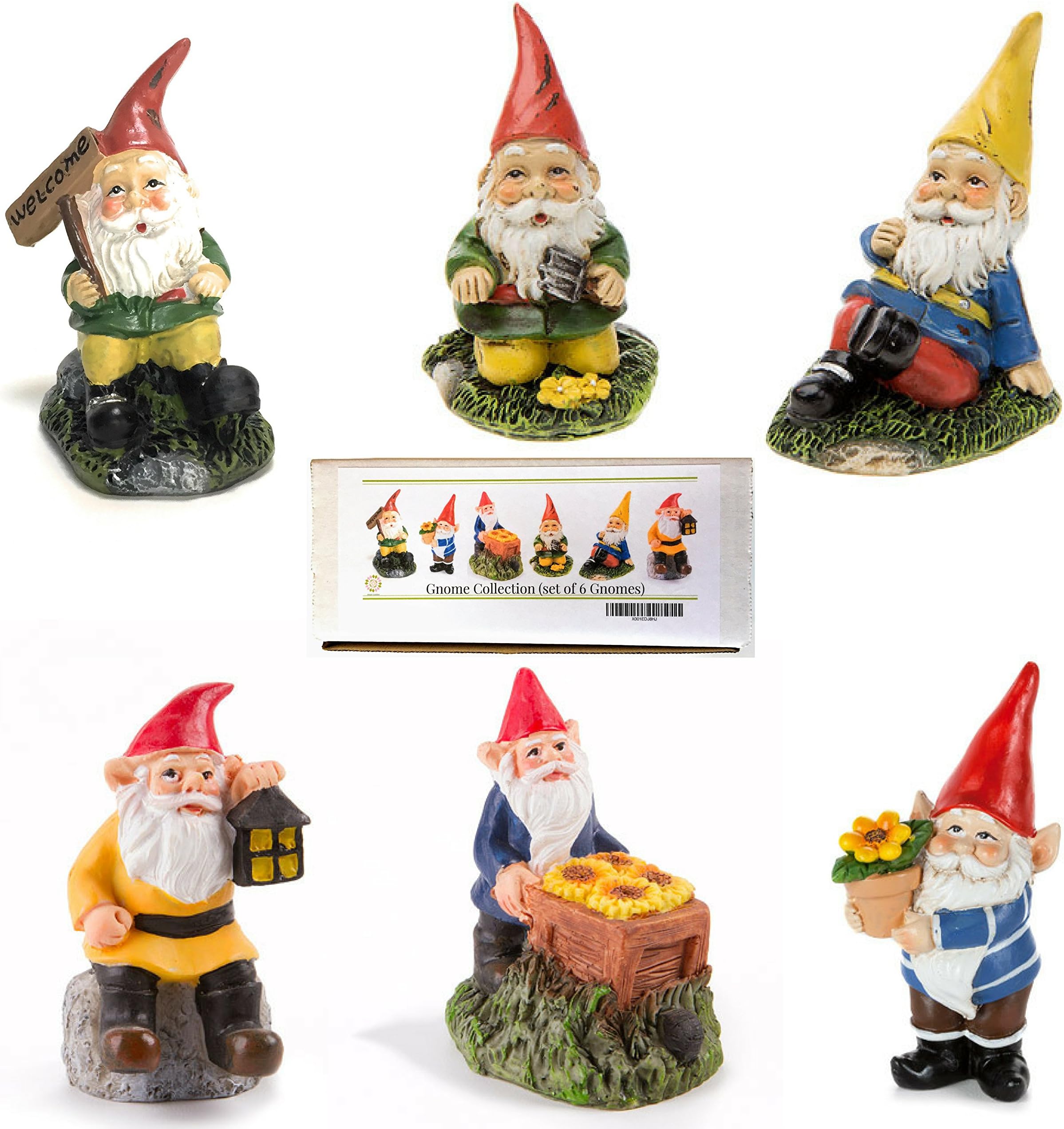 Miniature Gnomes Set Welcome, Sunflowers, Wheelbarrow, Lantern, Flowerpot, Standing and Sitting gnomes, 6 mini statues for Fairy Gardens