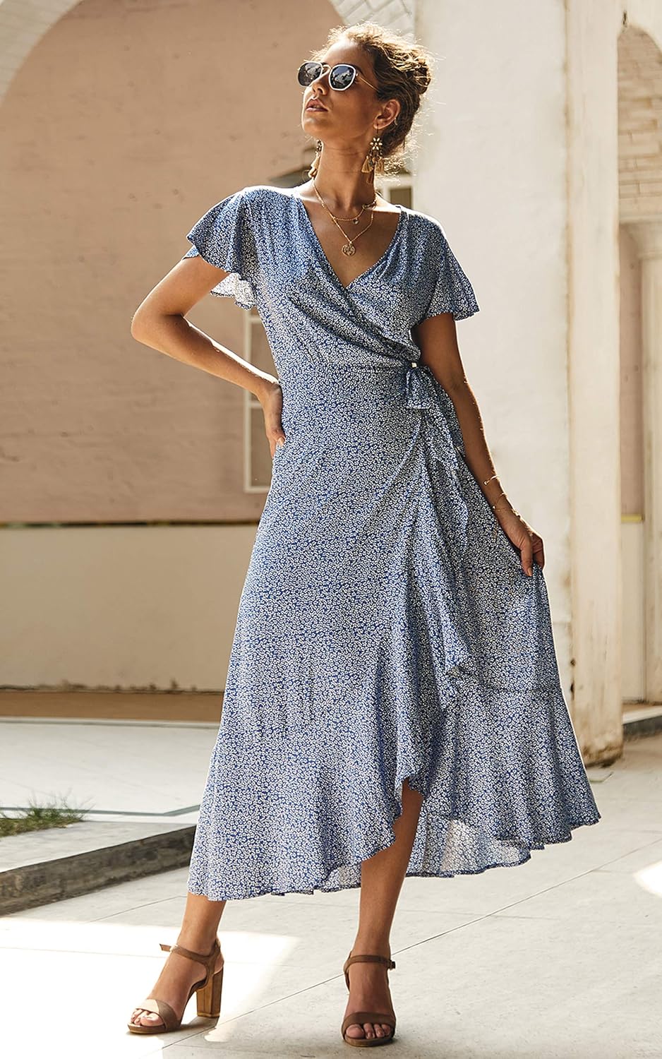 ECOWISH Women's Dresses Bohemian Wrap V Neck Short Sleeve Ethnic Style High Split Beach Maxi Dress at  Women’s Clothing store