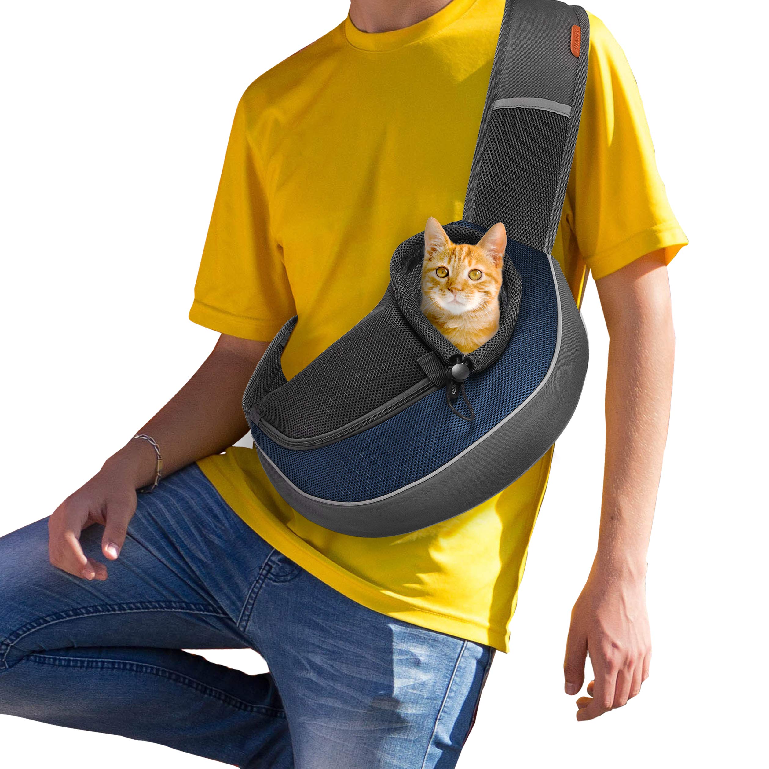 FDJASGY Pet Sling Carrier for Small Dogs Cats,Breathable Mesh Travelling Hand Free Puppy Backpack with Pouch and Adjustable Strap Carrier (M, Blue)