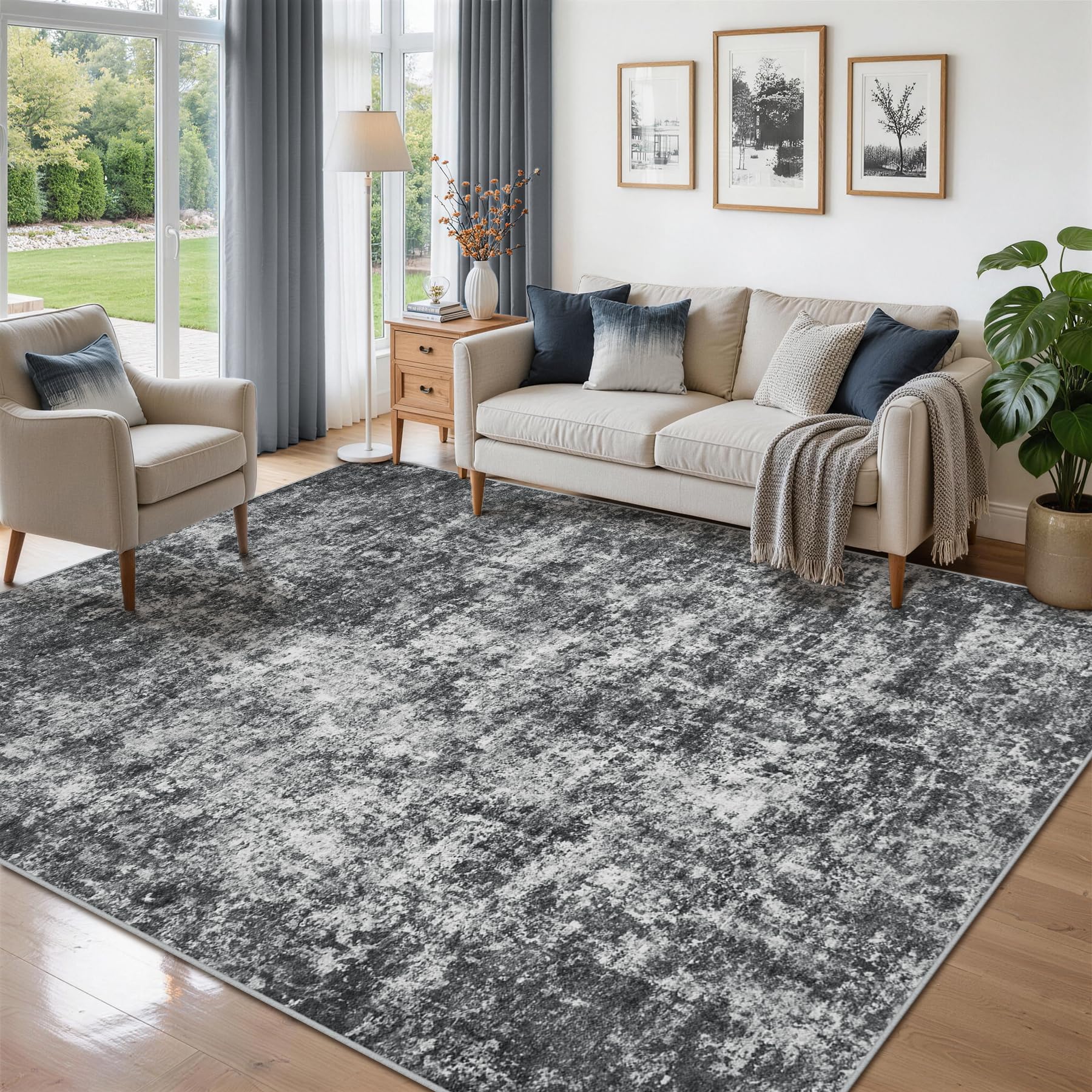 5x7 Area Rugs for Living Room Rug Washable: Abstract Rug for Dining Room Bedroom Carpet Non Slip 5 by 7 Indoor Modern Nursery Home Office Black Grey Image