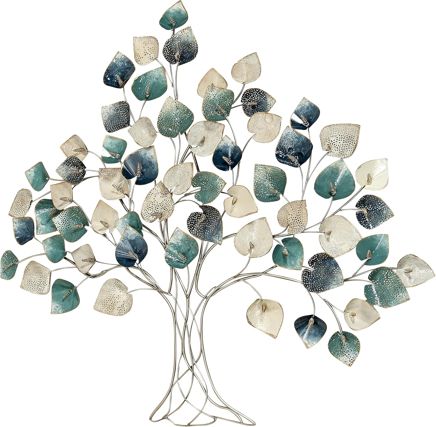Modern Tree of Life, Metal Wall Decor Sculpture, Gold, Gray, Teal Blue Leaves