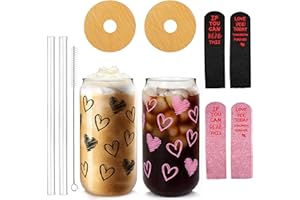 MASON LIFE Valentine's Day Glass Cups with Socks, Valentines Day Gifts For Him/Her, 20 OZ Hearts Glass Cups Gifts,Warm Socks for Women Men, Couple Iced Coffee Cups,Glass Cups with Bamboo Lids and Straws - 2 Sets