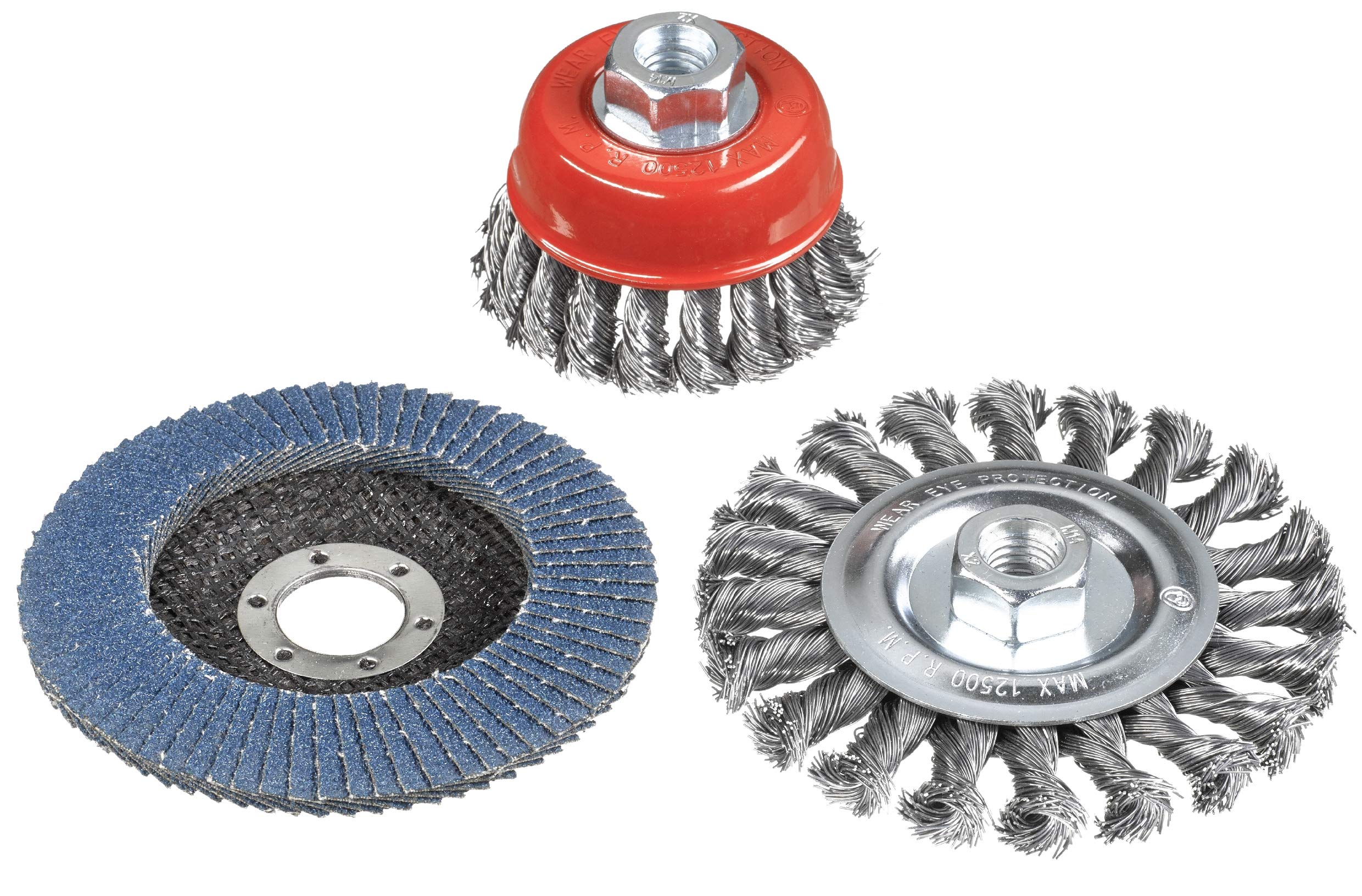 kwb Wire Brush Set for Angle Grinders with M14 Adapter, Including 115 Mm Grinding Disc K-80 for Cleaning and Sanding Tasks, 3-Pieces
