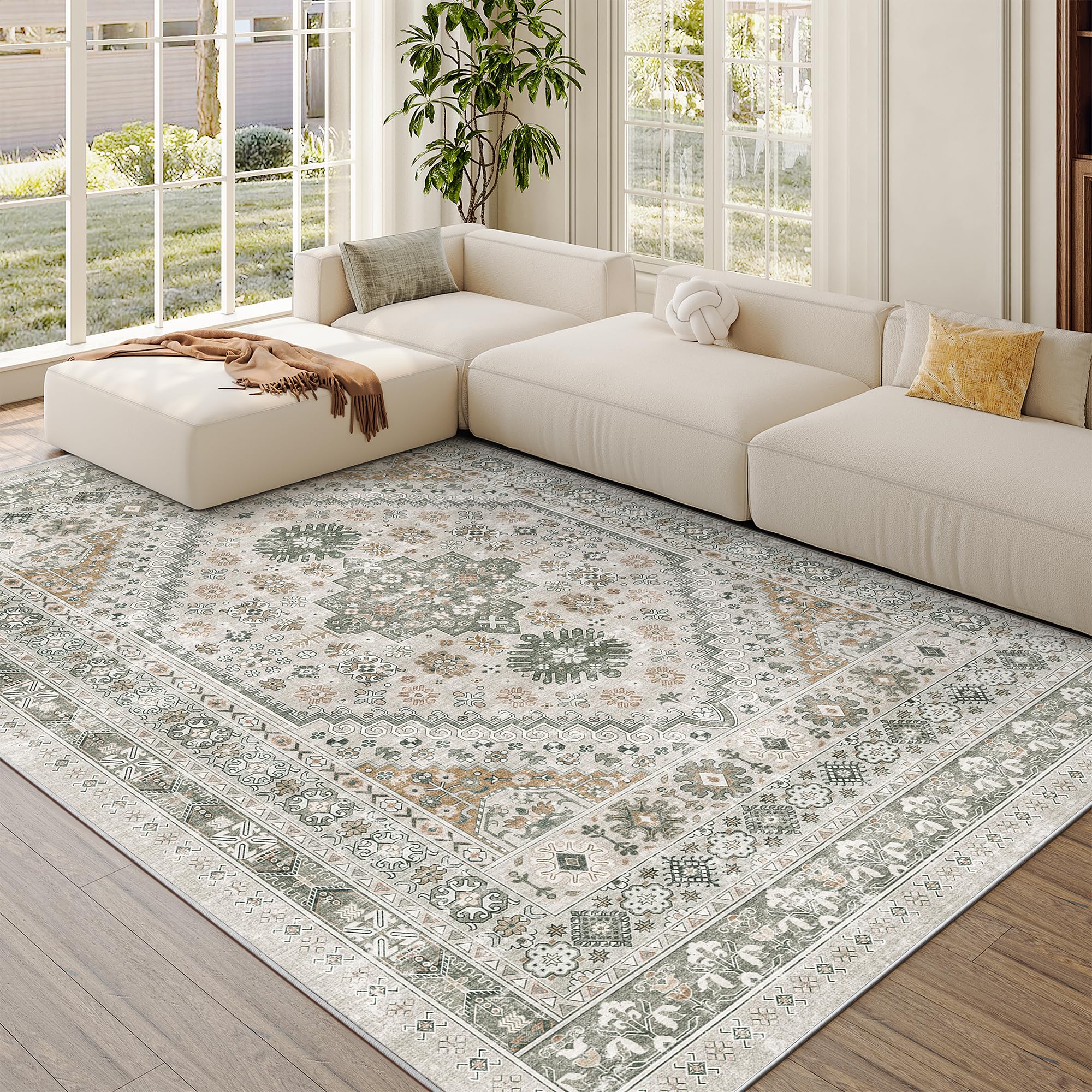 zesthome 5x7 Area Rugs - Ultra-Thin Washble Rug, Stain Resistant Anti Slip Backing Rugs for Living Room,Bedroom, Vintage Home Decor Area Rug (Brown/Grey,5'x7') Image