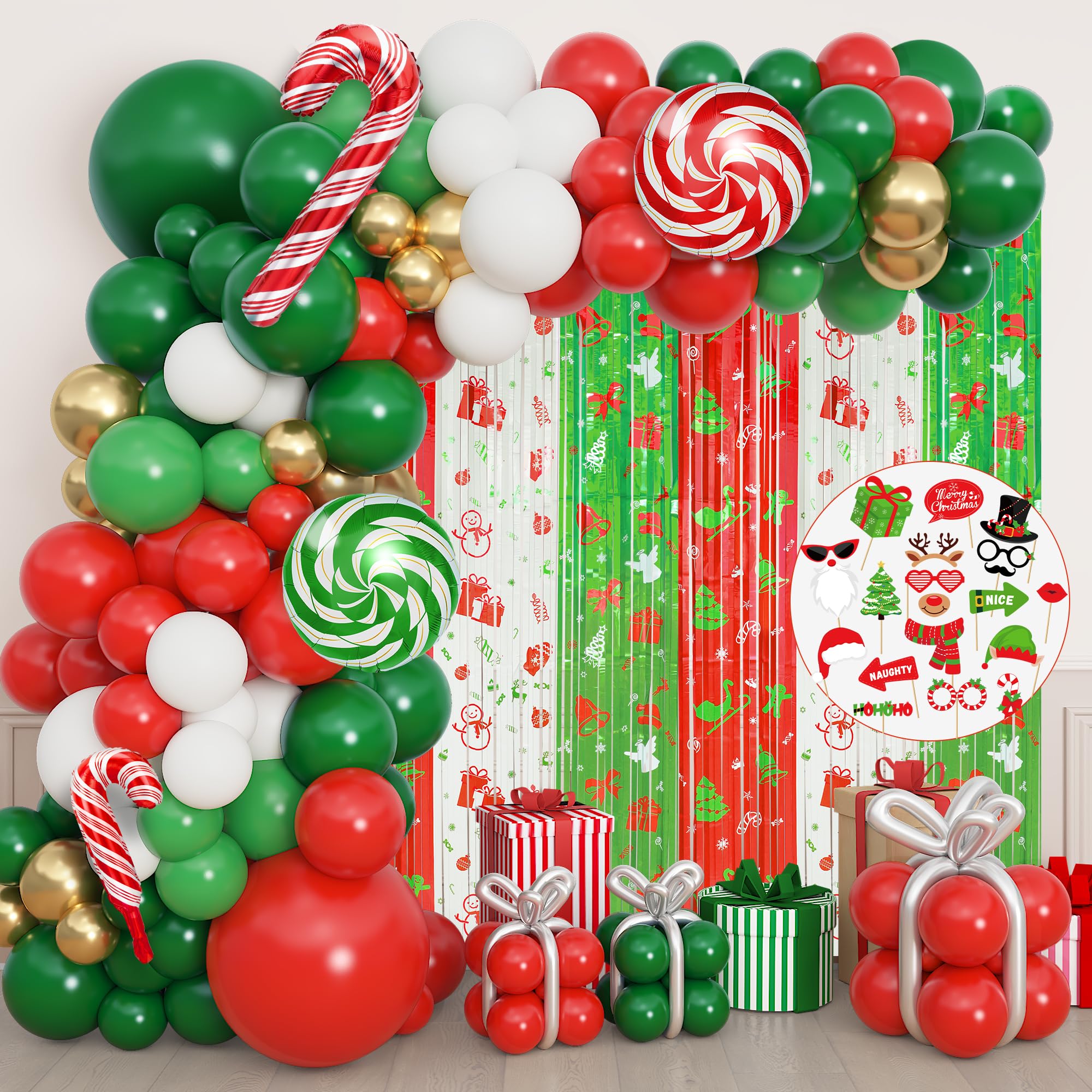 Photo 1 of 167Pcs Merry Christmas Party Decorations Set, Christmas Foil Fringe Curtains Red Green Gold Balloons Garland Arch Kit Photo Booth Props Candy Cane Foil Balloon for Xmas Birthday Holiday Party Supplies