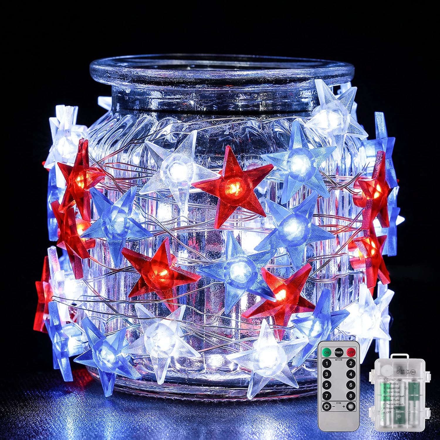 American Flag Stars Light String 16 Ft 50 LEDs Independence Day 4th of July Fairy Light Patriotic Star Fairy String Light Blue Red White String Lights Battery Operated Light with Remote Timer Decor