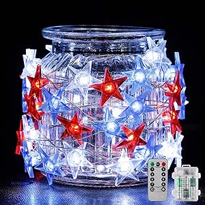 American Flag Stars Light String 16 Ft 50 LEDs Independence Day 4th of July Fairy Light Patriotic Star Fairy String Light Blue Red White String Lights Battery Operated Light with Remote Timer Decor