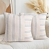 AELS 22x22 Decorative Farmhouse Linen Throw Pillow Covers, Boho Textured Pillow Case, Set of 2,Beige with White & Navy Blue Stripe Patchwork Cushion Cover for Sofa Couch Living Room(Cover ONLY)