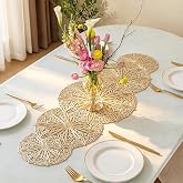 FAVE Gold Small Table Runner 36 Inch Dresser Vinyl Runner | Heat Resistant Vinyl Table Cover for Dinner Party Wedding Decor(Gold Sphere)