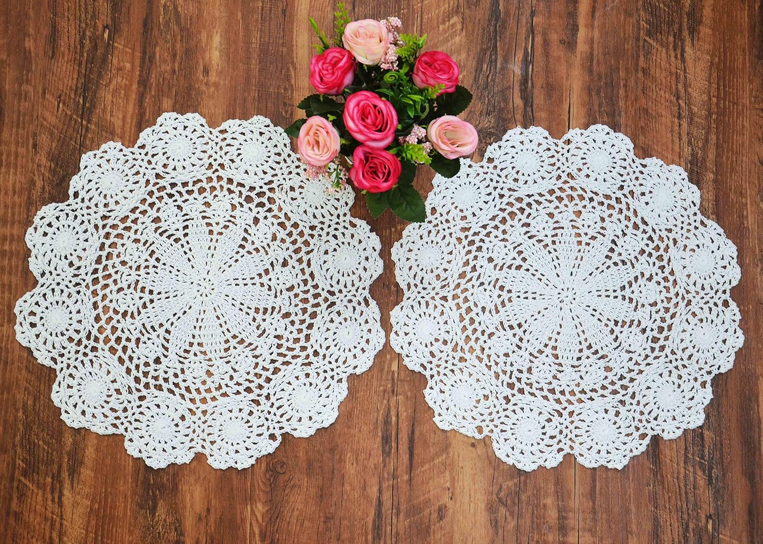 TOSEEY 15 Inch Round Crochet Doilies Lace Doily 100% Cotton Handmade Doilies, Set of 2 Pieces,Flower, Beige/White (white)