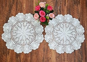 TOSEEY 15 Inch Round Crochet Doilies Lace Doily 100% Cotton Handmade Doilies, Set of 2 Pieces,Flower, Beige/White (white)