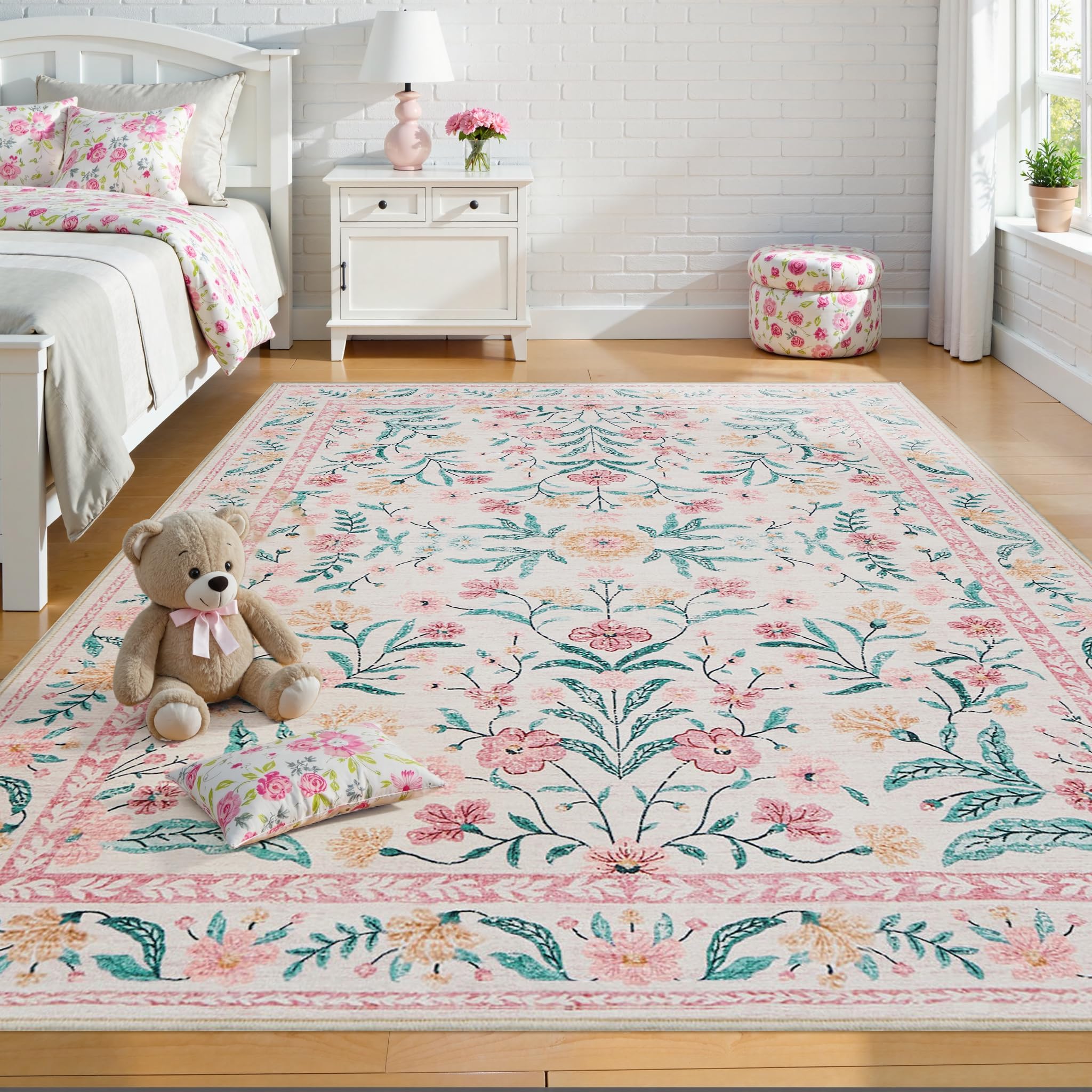 Photo 1 of 6x9 Pink Floral Rug for Girls Bedroom, Washable Soft Nursery Area Rug,Cute Boho Non Slip Carpet for Kids Room Decor