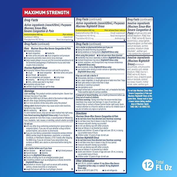 MUCINEX MAXIMUM STRENGTH SINUS-MAX SEVERE CONGESTION & PAIN + NIGHTSHIFT SINUS LIQUID, COLD AND FLU MEDICINE FOR ADULTS, OVER-THE-COUNTER MEDICATION FOR MULTI-SYMPTOM RELIEF, 2X6 FL OZ