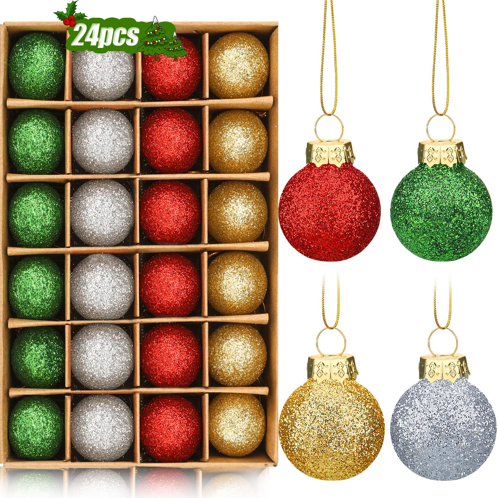 Photo 1 of 24 Pieces 1 Inch Miniature Christmas Ball Ornaments Red Green Silver and Gold Mini Glitter Hanging Glass Bauble Ball Decorative Multicolor Tiny Xmas Tree Ornaments for Small Trees (Classic Style)