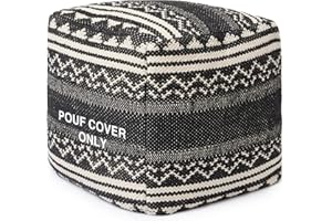 REDEARTH · UNSTUFFED Pouf Ottoman Cover Textured Storage Cube Bean Bag Poof Pouffe Footrest for Living Room, Bedroom, Patio, Gym; 100% Cotton (18"X18"X18", Ziggurat Obsession Black)