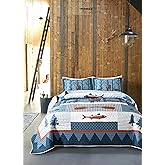 Soul & Lane True North Fish Quilt Set - Queen Size with 2 Shams, Rustic Cabin Bedding with Wildlife and Outdoor Nature Theme, Lodge Quilted Bedspread with Moose and Duck for Lake House & Hunting Decor