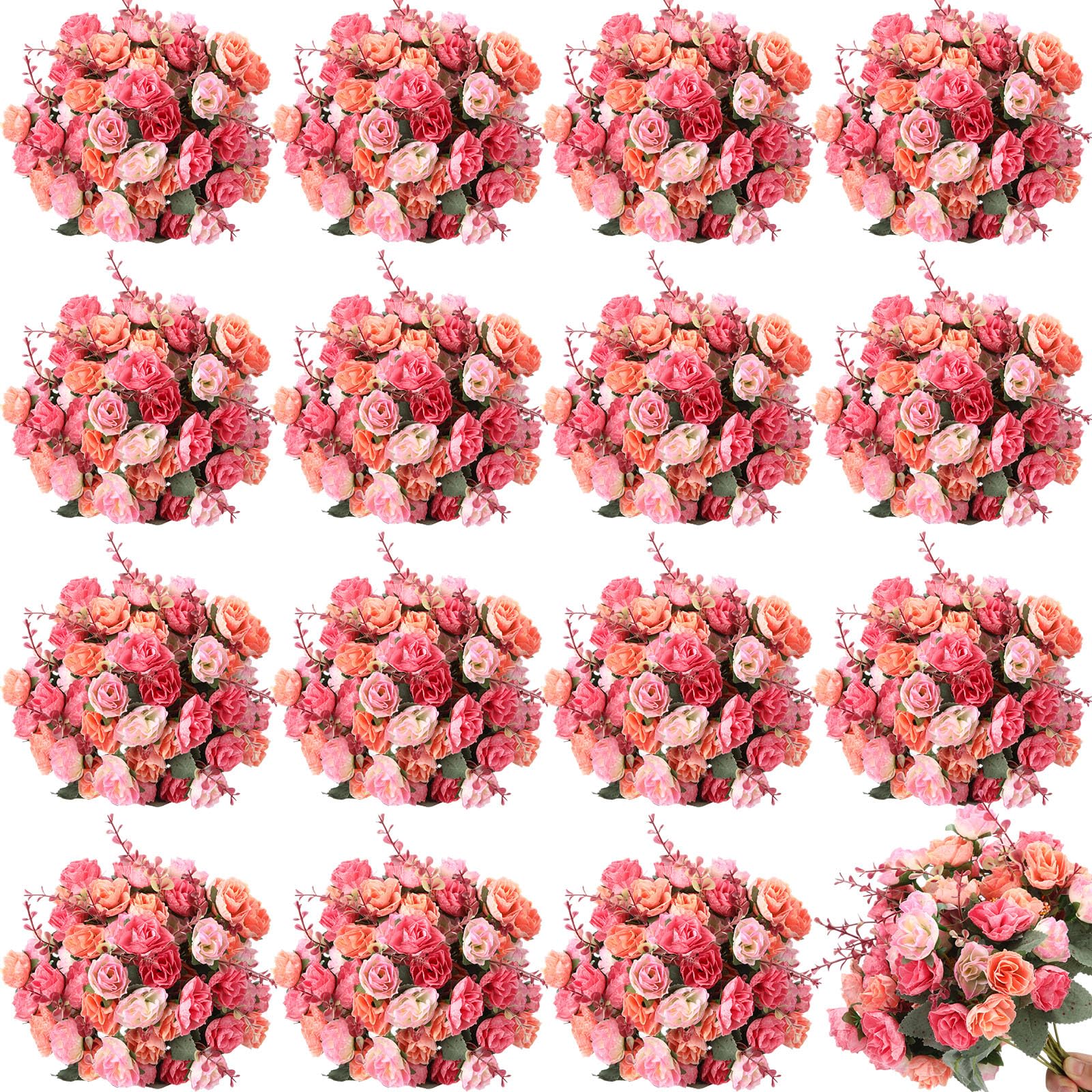 Photo 1 of Geosar 16 Pcs Rose Artificial Flowers Fake Flowers Bouquet 21 Heads Silk Faux Floral Bundles with Stem for Home Bridal Wedding Arrangements Table Centerpieces Party Decor (Pink)