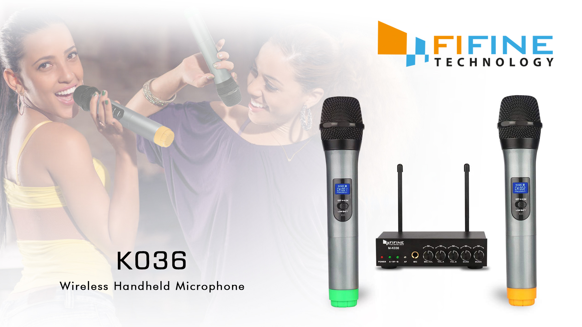6 Fifine+UHF+Dual+Channel+Wireless+Handheld+Microphone+Karaoke+Wireless+Microphone+System+K036