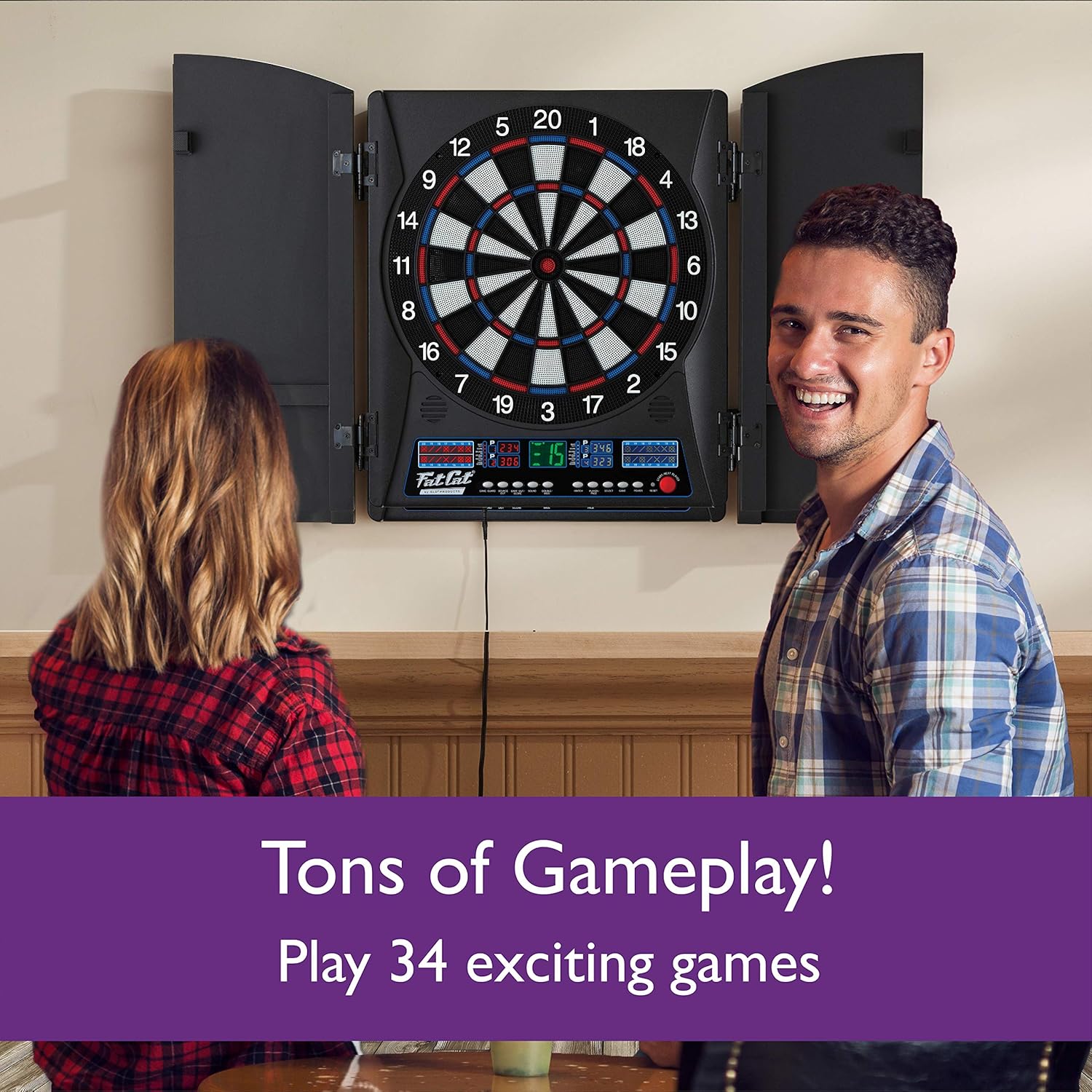 Fat Cat Electronx Electronic Dartboard, Built In Cabinet, Solo Play With Cyber Player, Dual Screen Scoreboard Display, Extended Catch Ring For Missed Darts, Classic Door Look Matches Traditional Décor : Sports & Outdoors
