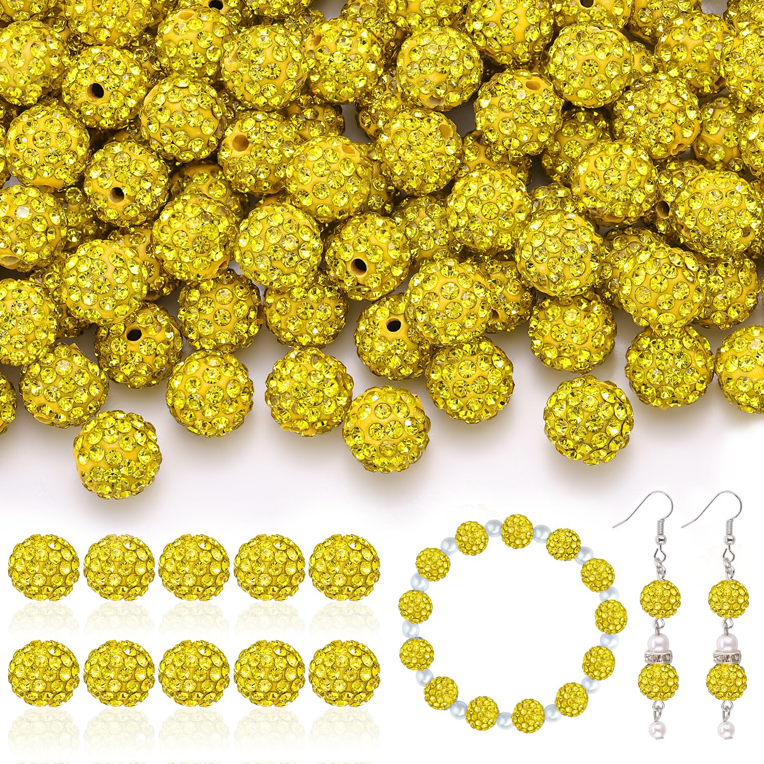 Photo 1 of 200pcs 10mm Rhinestone Beads for Jewelry Making, Yellow Shiny Round Disco Ball Beads Bulk, Sparkle Crystal Clay Christmas for Bracelet Baseball Necklace Earring Crafting and DIY