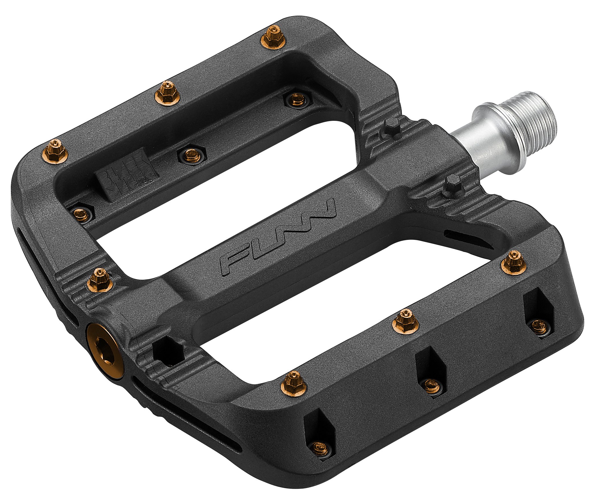 Funn Black Magic Plastic Flat Mountain Bike Pedal Set - Lightweight Wide Platform Bicycle Pedals for Stability, 9/16-inch CrMo Axle Bike Pedals for MTB/BMX/Urban/Gravel Riding (Orange pins) — image 1