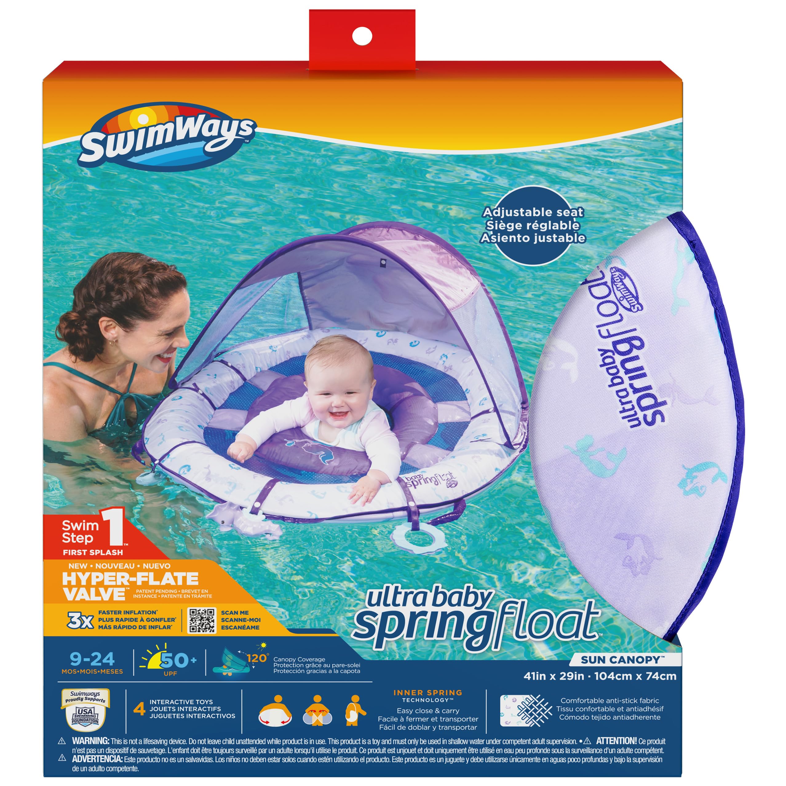 Swimways Ultra Baby Spring Float, Premium Inflatable Baby Pool Float with Sun Canopy, Fast Inflation & Carry Bag (9-24 Months), Mermaid Toys for Kids