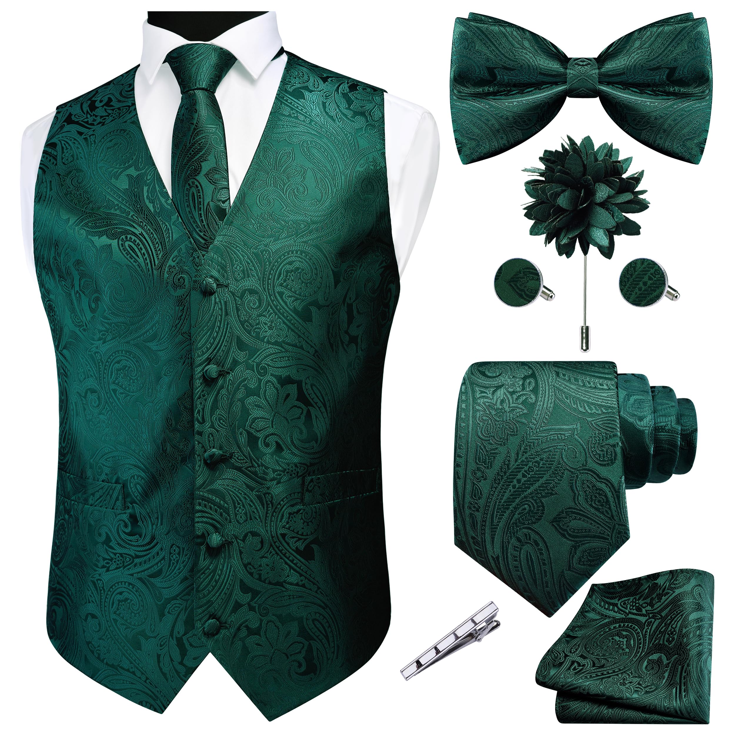GUSLESON Dark Green Mens Vest Tie and Bow Tie Set