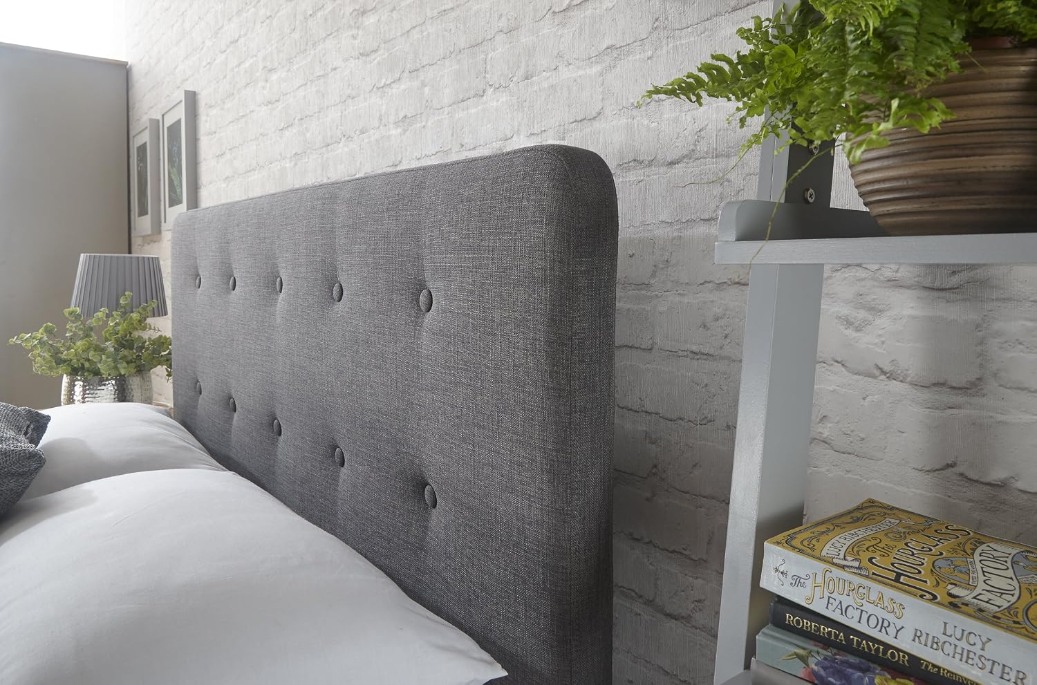 Home Source - Modern High Headboard Buttoned Grey Fabric Light Oak Effect Leg Double 4ft 6 Bed - Image 3