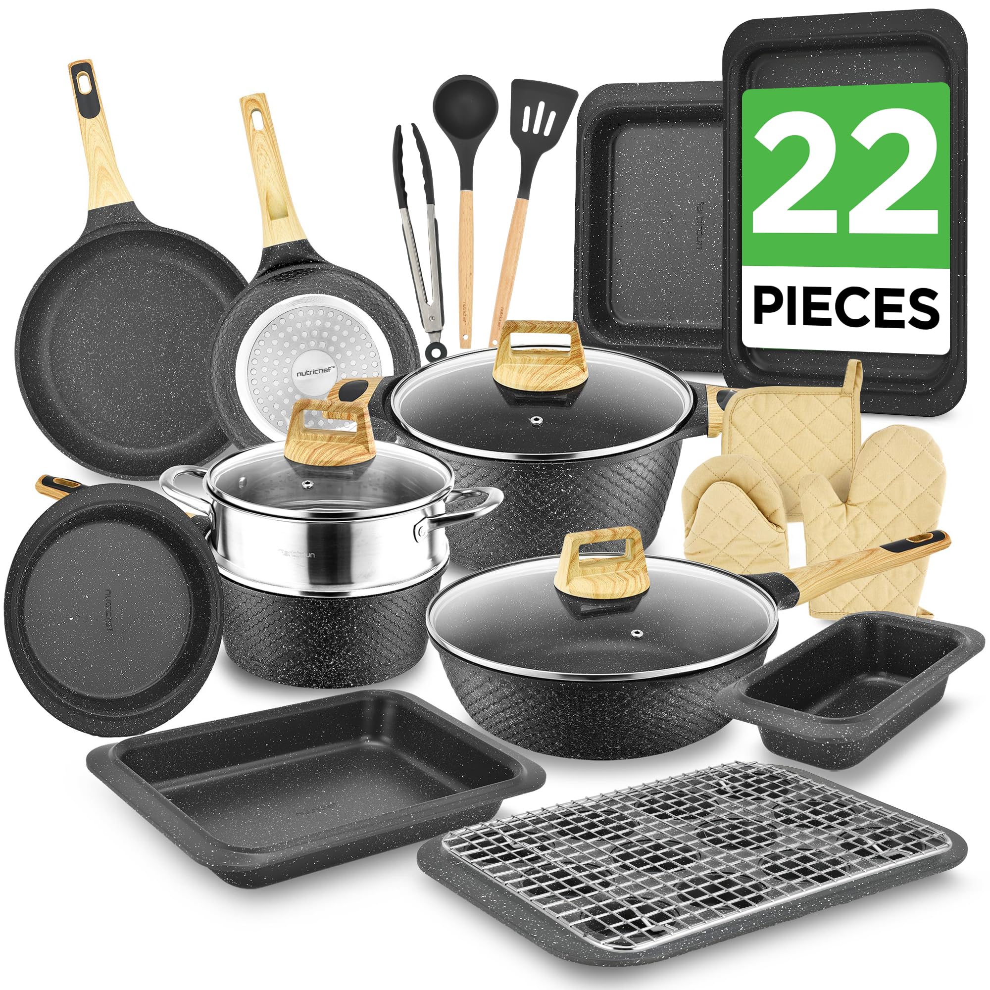 NutriChef 22-Piece Black Marble Non-Stick Cookware and Bakeware Set - Professional Home Kitchen Collection with Multi-Sized Pots, Pans, and Heat-Resistant Tools Image