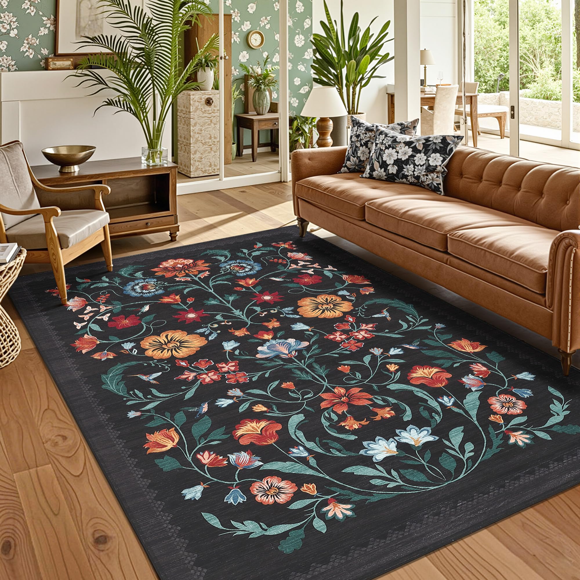 Decorative Rubber Back Rug GarveeHome Washable Rug 5x7 Area Rugs for Living Room, Floral Rug for ...