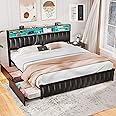 King Size Bed Frame with 4 Storage Drawers and Bookcase Headboard, LED Upholstered Platform Bed King Size with USB-C & USB Charging Station, Double-row Support Bar, No Box Spring Needed, Black