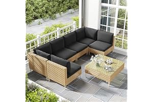 LHBcraft 7 Piece Wicker Patio Sectional Furniture Set, Modular Rattan Outdoor Furniture, Patio Conversation Sets Outdoor Sectionals Sofa, Water Resistant Fluffy Cushions and Coffee Table, Black