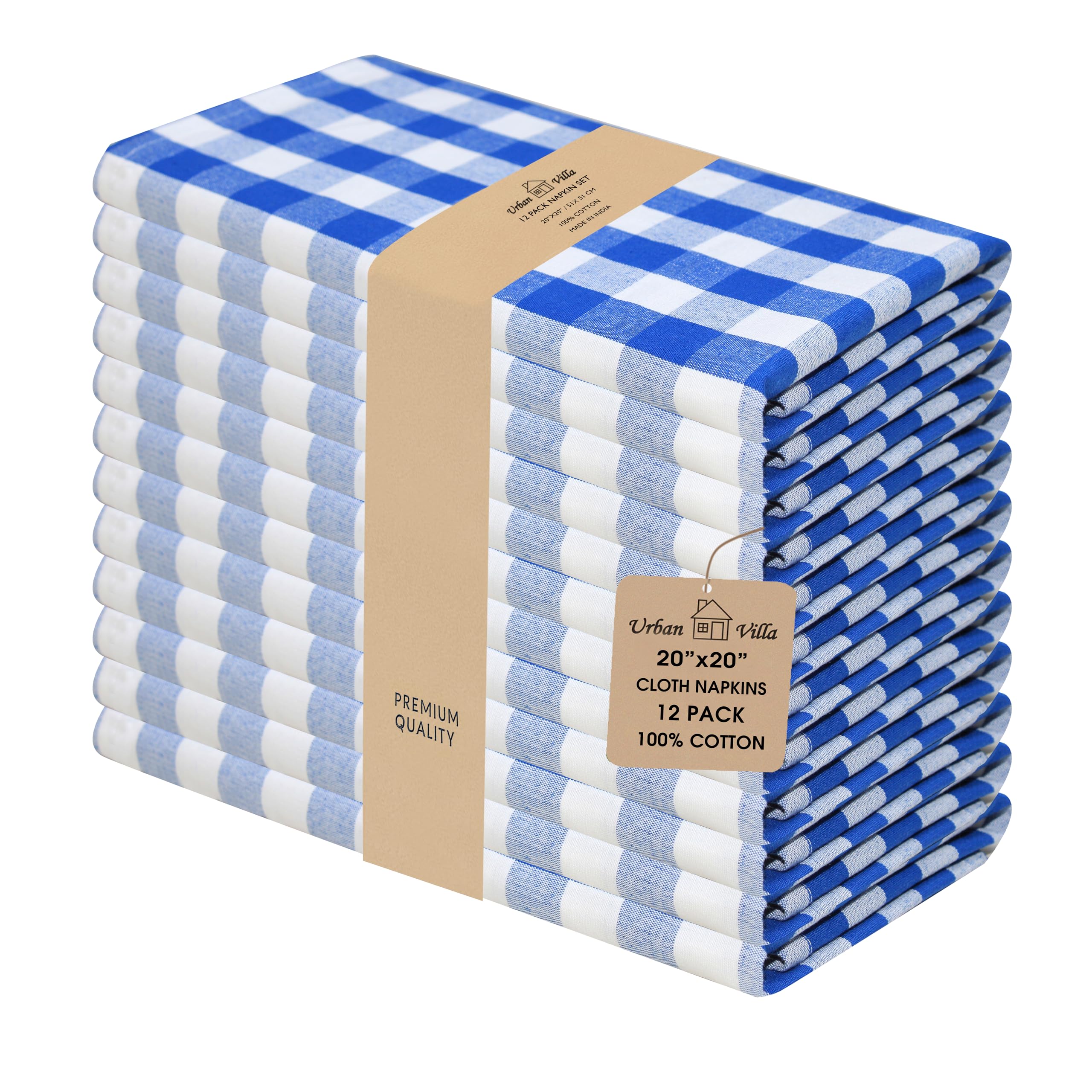 Urban Villa Dinner Napkins, Gingham Checks 100% Cotton, Set of 12, Size 51X51 CMS, Blue/White Oversized Cloth Napkins with Mitered Corners, Soft, Durable Hotel Quality