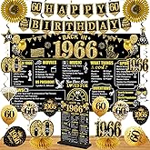 60th Birthday Decorations Kit for Men Women, Black Gold 24PCS Back in 1966 Banner Decorations, Vintage 1966 Banner Wooden Table Sign Poster Hanging Swirl Balloons Paper Fans Cheers to 60 years