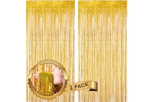Voircoloria 2 Pack Laser Gold Foil Fringe Backdrop Curtains, Tinsel Streamers Birthday Party Decorations, Fringe Backdrop for Graduation, Baby Shower, Gender Reveal, Disco Party