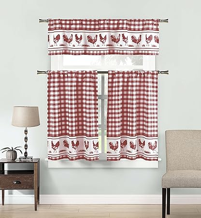 DUCK RIVER TEXTILES - Checkered Kitchen Window Curtain Set Hellen, 2 Tiers 29 X 36 Inch | 1 Valance 58 X 15 Inch, Burgundy Red and White