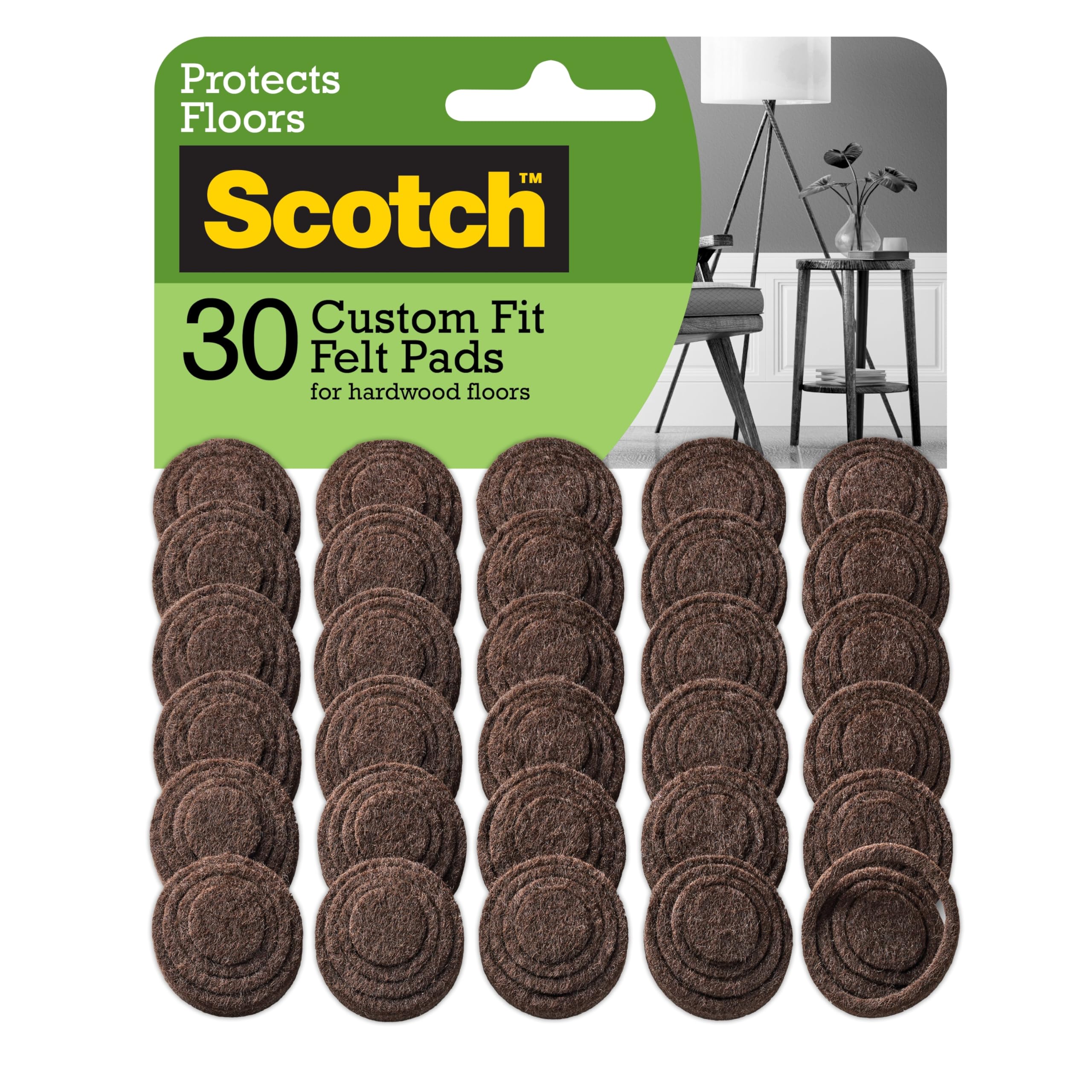 Photo 1 of Scotch Custom Fit Felt Pads, Customize Pad Size from 0.75" to 1.5" in, 30 Round Pad Brown, Protection for Hardwood, Vinyl, and Laminate Flooring, Easy-to-apply, Self-Stick design (SP885-NA)