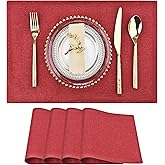 SLKQG Christmas Linen Fabric Placemats Set of 4 - Holiday Dining Table Mats for Festive Decor, Heat Resistant & Machine Washable, Place Mats for Dinner Parties, Xmas Gift for Home (4, Wine Red)