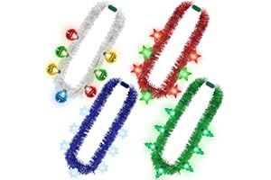 TRAPLACE 4 PCS Christmas Lights Necklace, 4 Kinds of Colors Tinsel Christmas Light up Necklace, 3 Modes Xmas Party Favors for Adults, Ugly Xmas Sweater Accessories for Family Office Holiday Parties