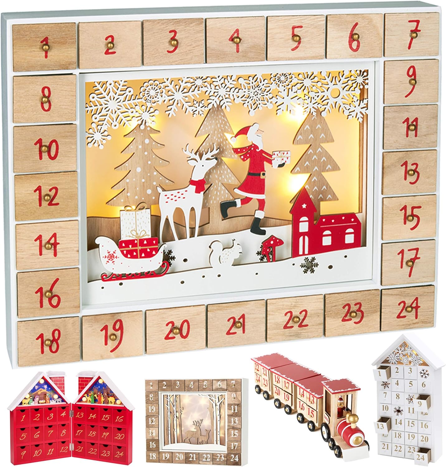 HOMCOM Calendario Avvento di Natale in Legno a forma di Libro con Temi