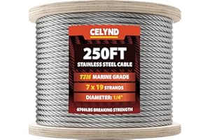 CELYND Stainless Steel Cable for Railing - 250FT 1/4" T316 Wire Rope - 7 x 19 Strands 6700 LBS Breaking Strength for Outdoor Deck Railing Zipline