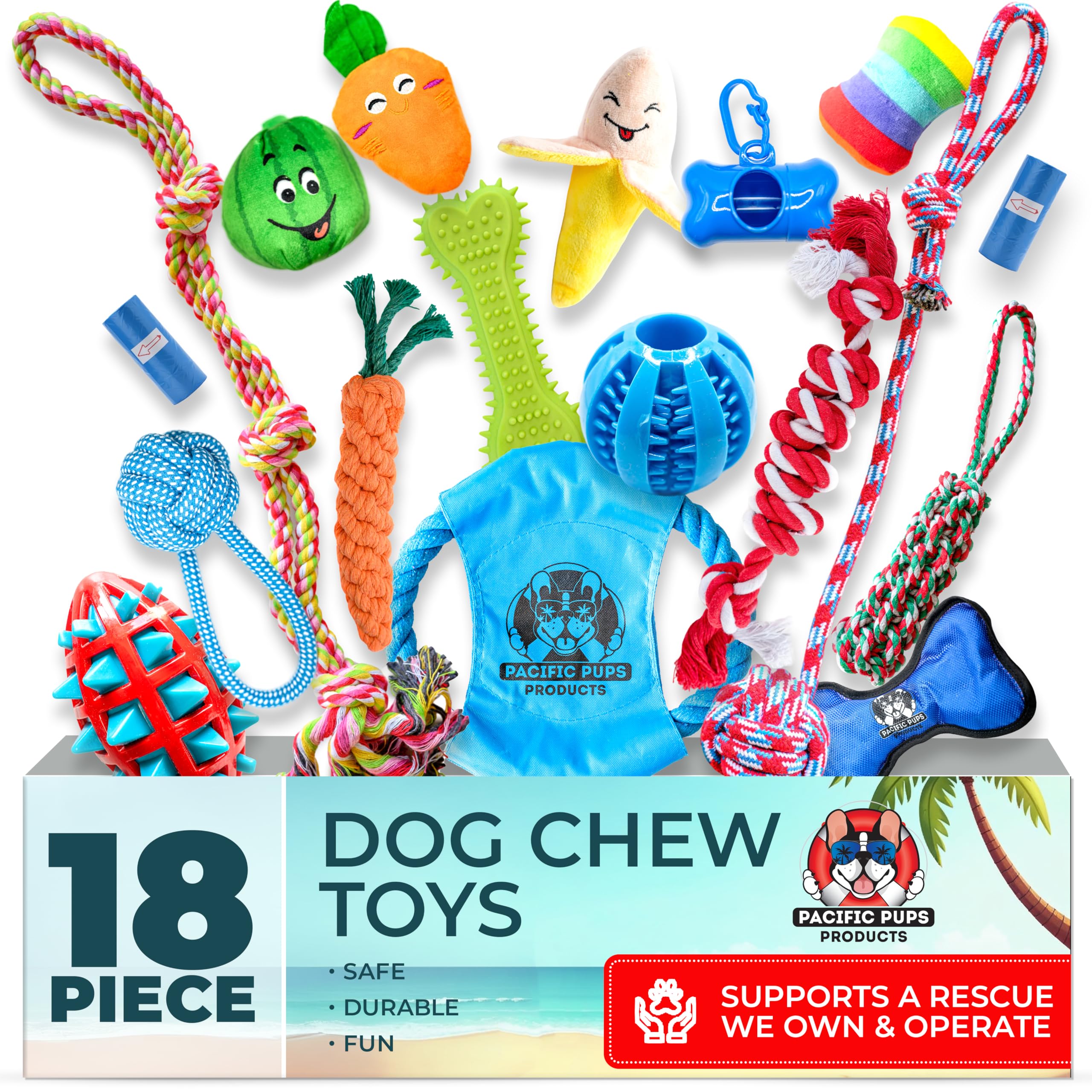Pacific Pups 18 Piece Dog Toy Set - Plush, Rope & Chew Toys Support Non-Profit Dog Rescue