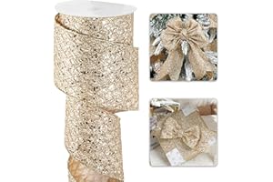 LIZLOVESS Champagne Christmas Ribbon 4" Glitter Mesh Wired Ribbon for Christmas Tree Champagne Gold Diamond Honeycomb Ribbon for Gift Wrapping, Crafts, Wreath, Garland, Tree Topper Bows - 10 Yards